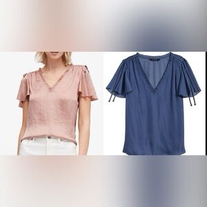 NWT Banana Republic Sz XS Soft Satin Ruffle Flutter Short Sleeve Blue Blouse Top